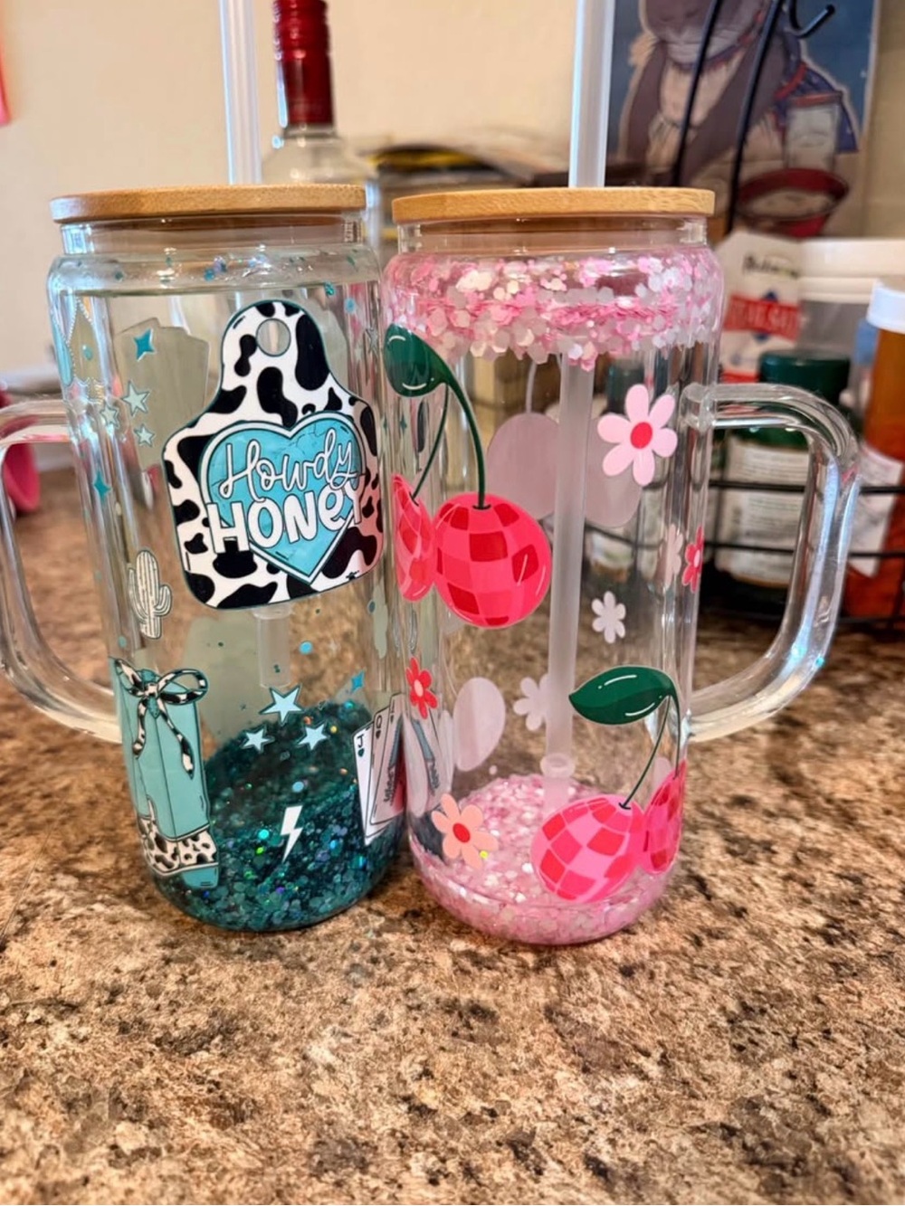Howdy Honey Pink Cherry Glitter Drink Jar with Lid